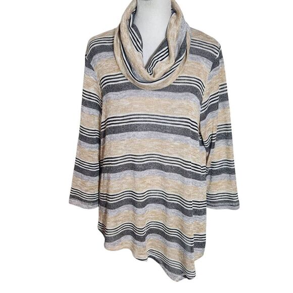 Ruby Rd. Tan and Gray Stripe Cowl Neck Asymmetrical Top Size Petite Large - Picture 1 of 7